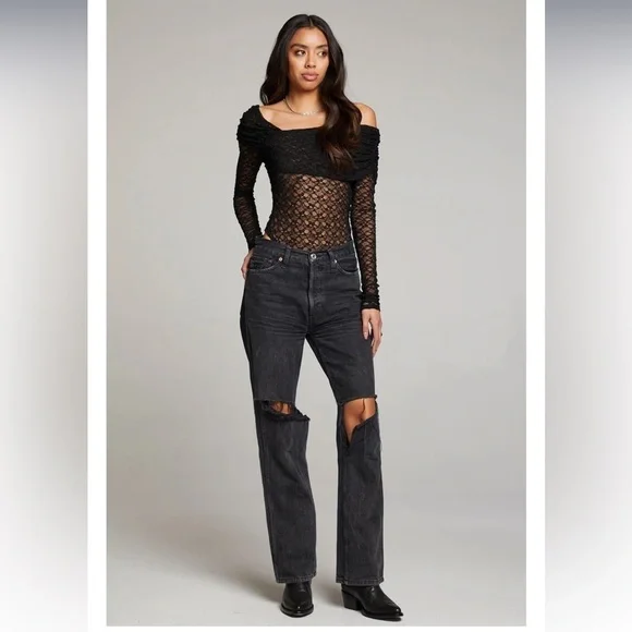 CHASER Black Long Sleeve Stretch Lace Off Shoulder Body Suit - Picture 6 of 9